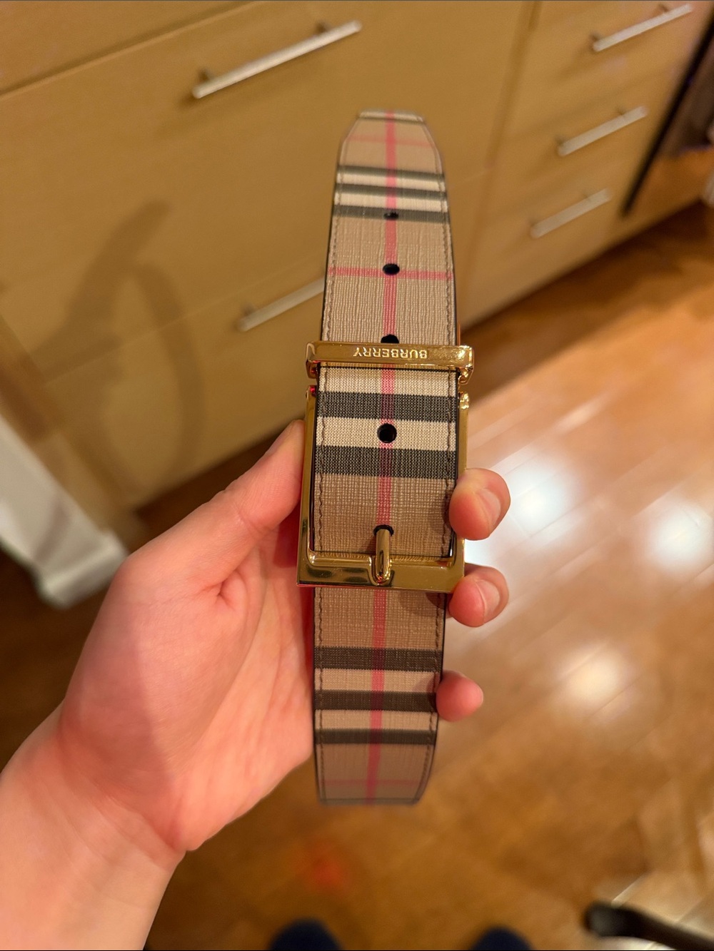 Burberry Nova Check Belt in Beige with Gold Buckle